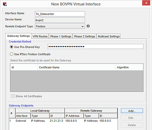 Captura de pantalla de la Configuración de la Puerta de Enlace de la Interfaz Virtual BOVPN, Tienda 2 al Centro de Datos